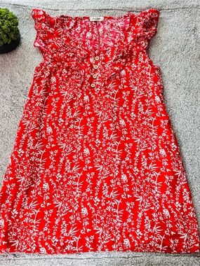 🌺 Cottagecore Boho Floral Ruffle Mini Dress Rayon Red White Button Front